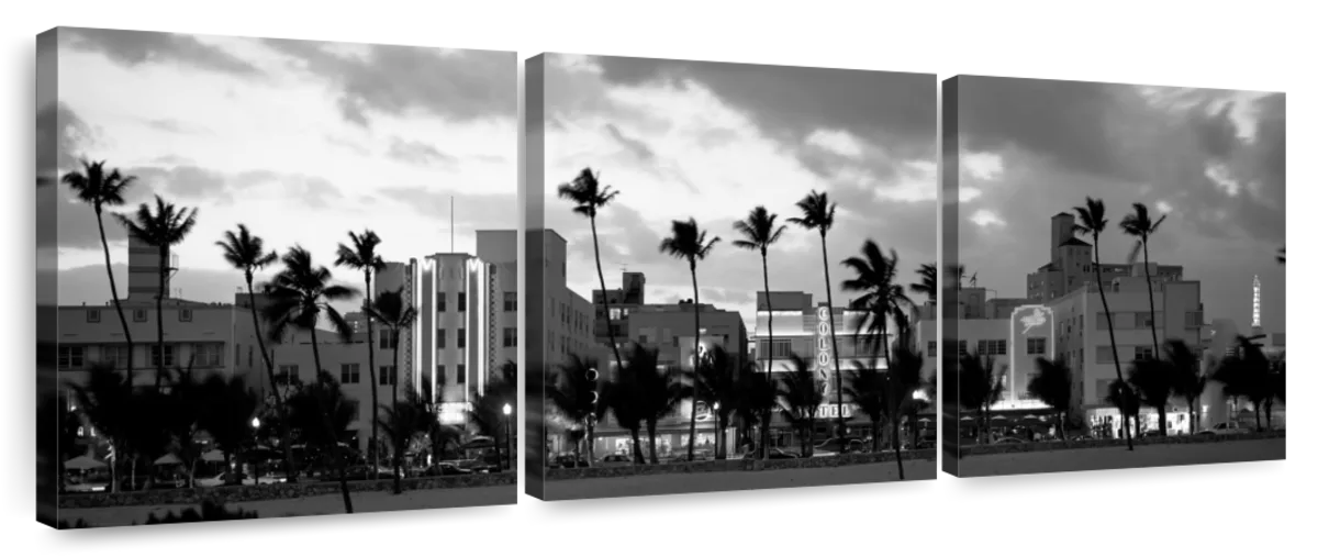 Frendorf | Gebäude bei Dämmerung beleuchtet in Ocean Drive Wandkunst