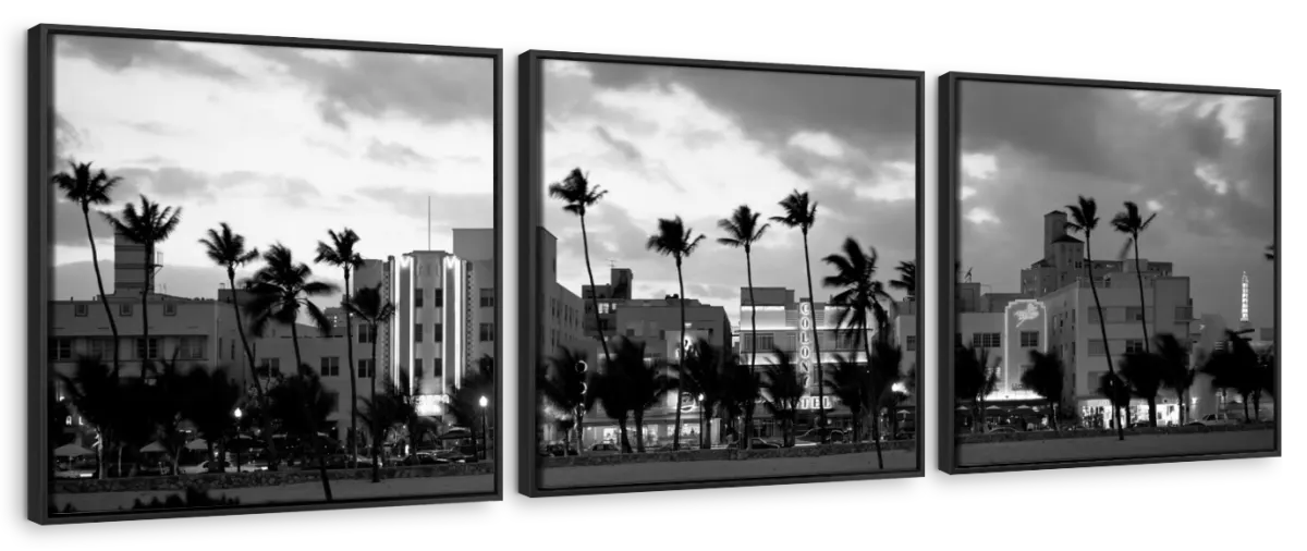 Frendorf | Gebäude bei Dämmerung beleuchtet in Ocean Drive Wandkunst