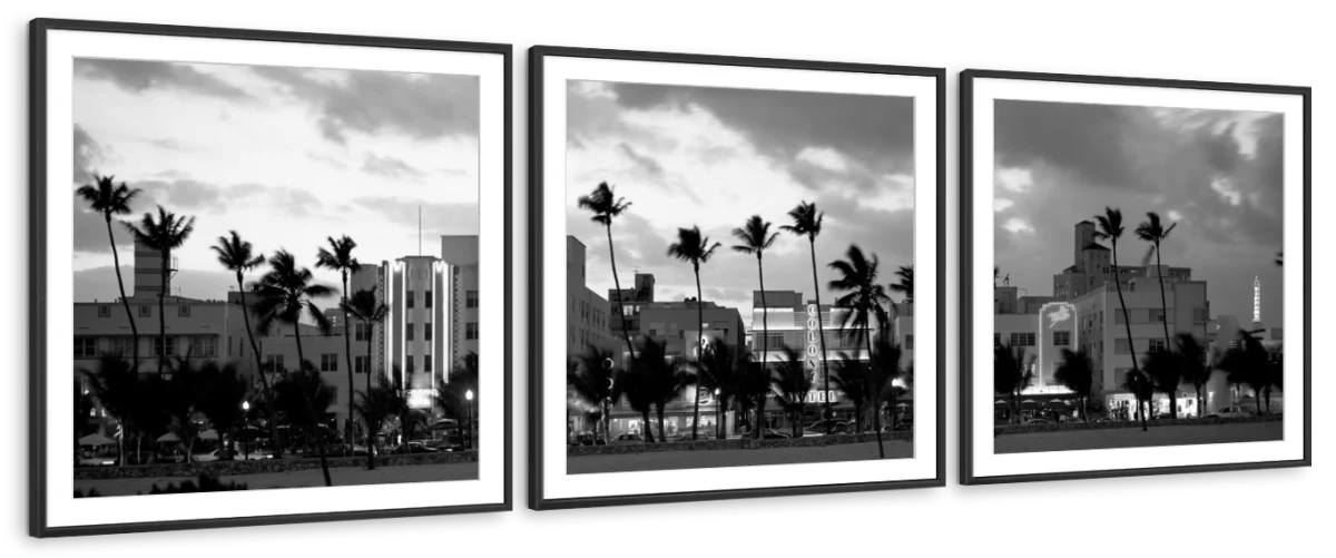 Frendorf | Gebäude bei Dämmerung beleuchtet in Ocean Drive Wandkunst