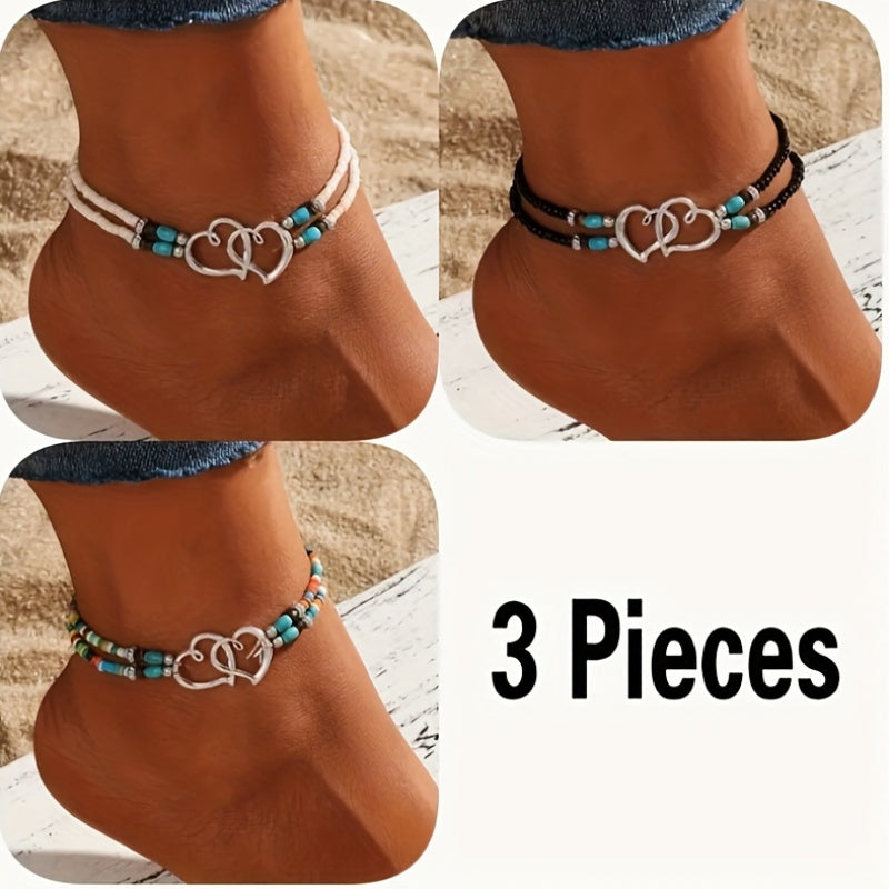 Frendorf | Bohemian Elastische Fußkettchen Set – Natürliche Kristalle und Doppelte Herzen