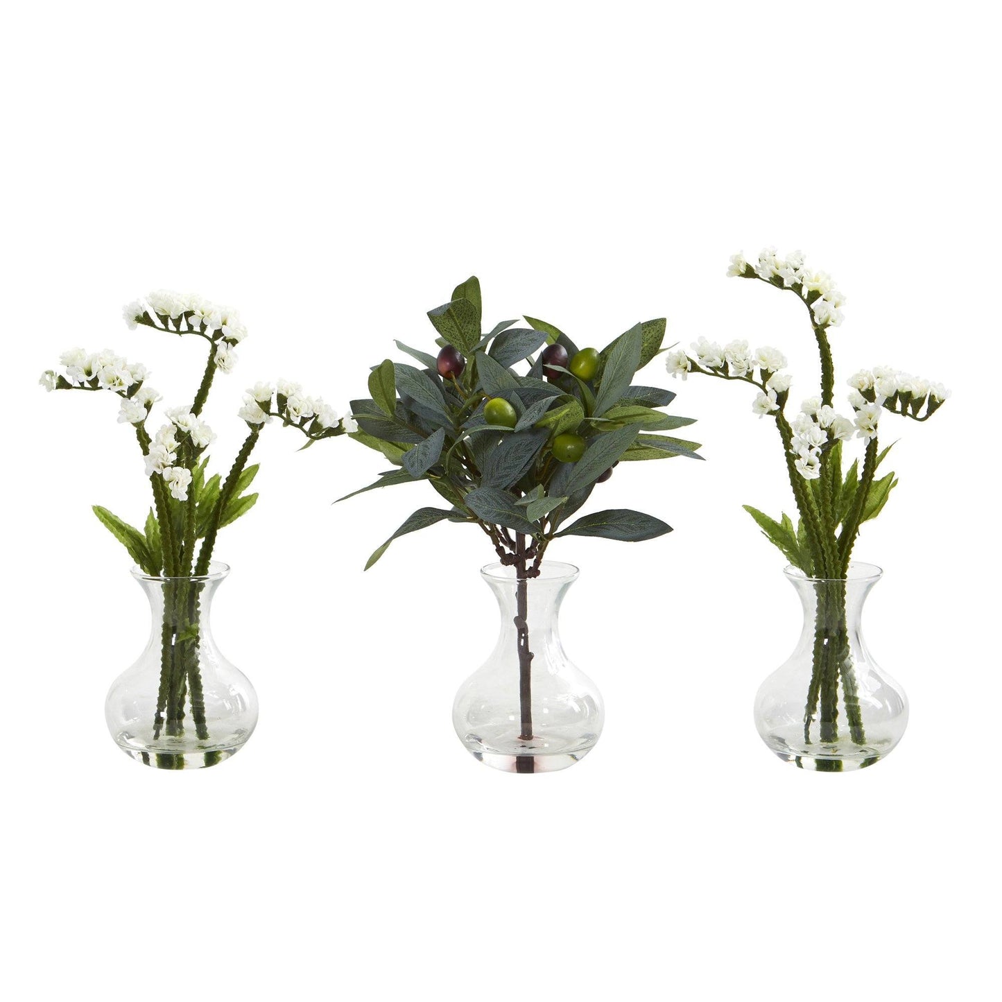 10” Baby Breath und Oliven Arrangement in Vase (Set von 3)