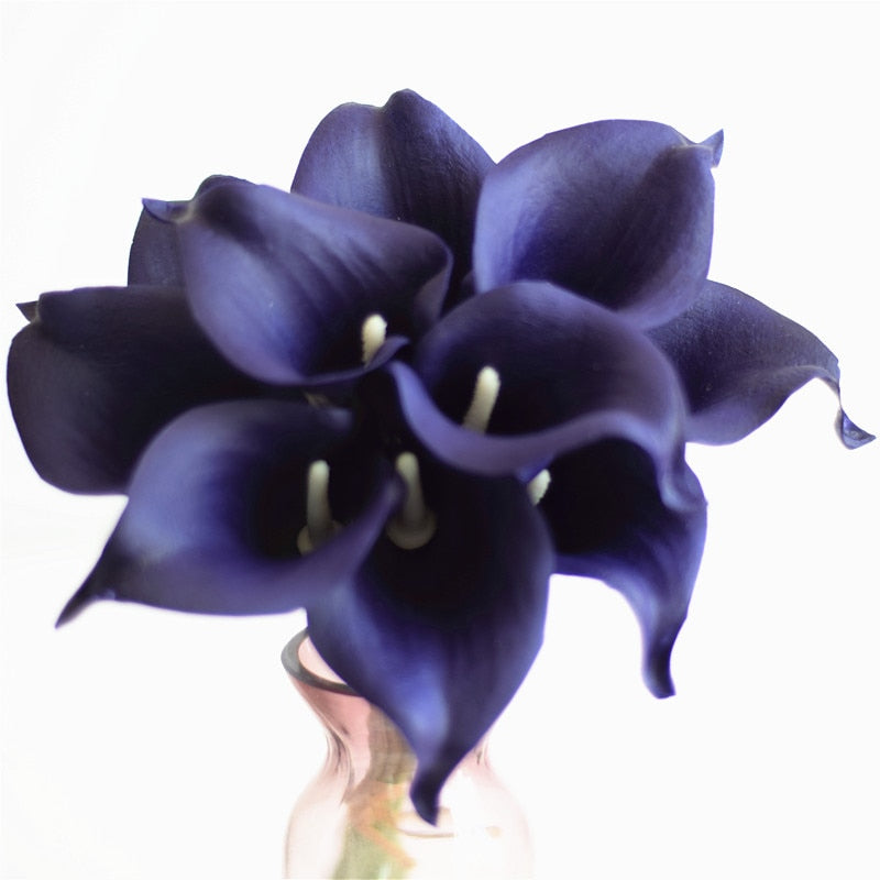 10 marineblaue Calla-Lilien PU Real Touch Blumen Hochzeitsdekoration Sträuße Tischdekoration Kunstblumen Wohnkultur