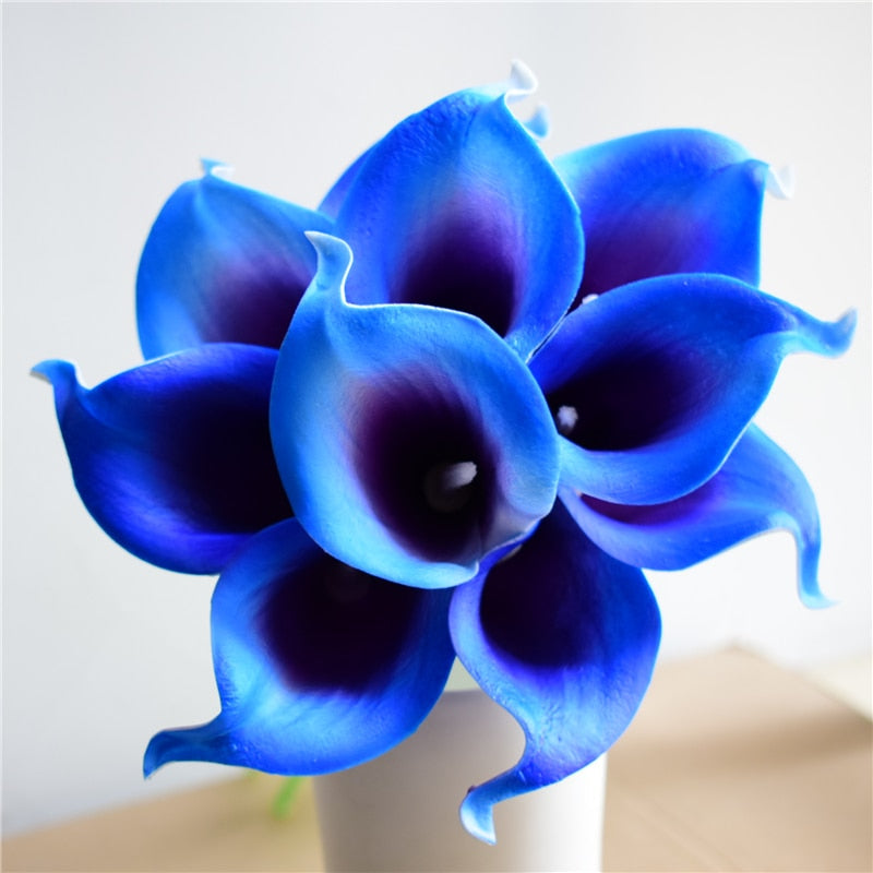 10 marineblaue Calla-Lilien PU Real Touch Blumen Hochzeitsdekoration Sträuße Tischdekoration Kunstblumen Wohnkultur
