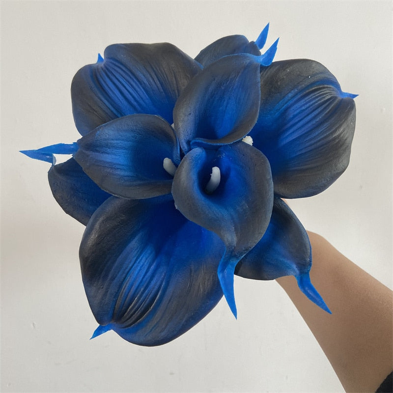 10 marineblaue Calla-Lilien PU Real Touch Blumen Hochzeitsdekoration Sträuße Tischdekoration Kunstblumen Wohnkultur
