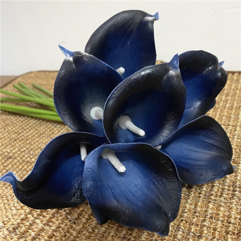 10 marineblaue Calla-Lilien PU Real Touch Blumen Hochzeitsdekoration Sträuße Tischdekoration Kunstblumen Wohnkultur