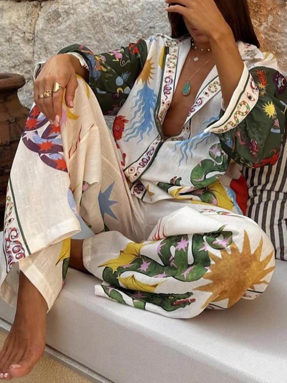 Frendorf | Unique Print Langarm-Shirt und elastische Taille Hose Set