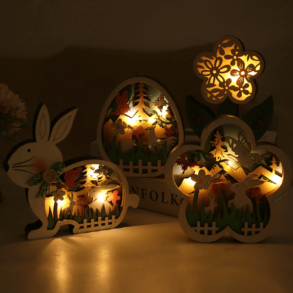 Frendorf | LumiHare Dekorative Osterfiguren – Geschichtete Ausschnitte mit Sanfter Beleuchtung