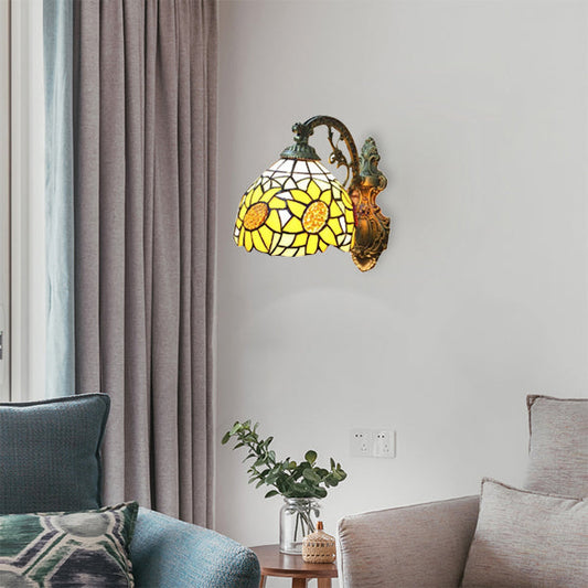 Frendorf | Gelbe Sonnenblumen Wandlampe Lodge Stil Buntglas 1 Licht Wandbeleuchtung für Schlafzimmer