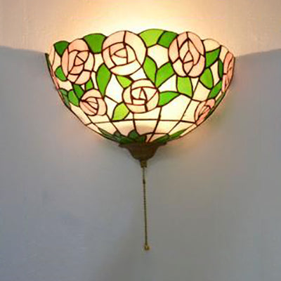 Frendorf | Rosenpink Wandmontage Lampe mit Zugkette und grünem Blattmuster 1 Licht Buntglas Tiffany Wandlampe