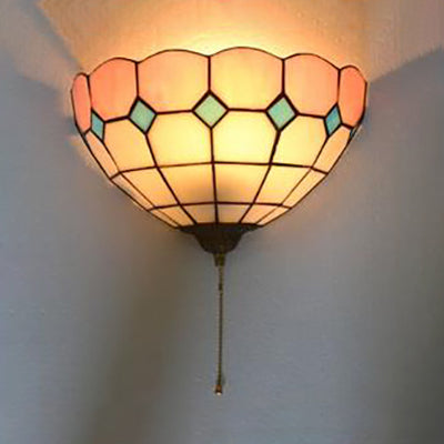 Frendorf | Rosa und Weiße Schüssel Wandmontage Licht Buntglas 1 Glühbirne Tiffany Wandleuchte mit Zugkette