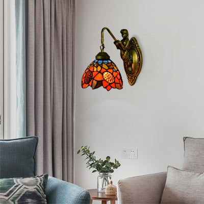 Frendorf | 1 Kop Leefruimte Wandlamp Tiffany Antieke Messing Wandgemonteerde Lamp met Zonnebloem Oranje Glazen Schaduw