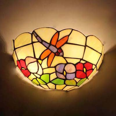 Frendorf | Country Style Bowl Wandlamp mit Libelle und Blume 2 Lichter Kunstglas Wandbeleuchtung für Schlafzimmer