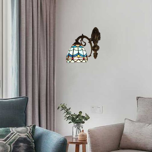 Frendorf | Mini Wandmontage Licht Barokstijl Glas-in-lood 1 Licht Wandlamp met Gebogen Arm voor Woonkamer