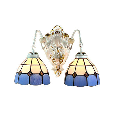 Frendorf | Weiß 2 Köpfe Wandleuchte Tiffany Weiß-Blau Glas Gittermuster Wandmontage Licht