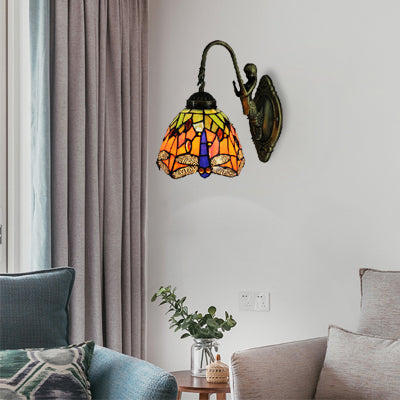 Frendorf | Oranje Koepel Wandlamp Barok 1 Hoofd Gevitraileerde Wandverlichting met Libellepatroon