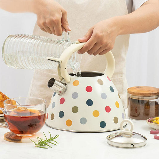 Frendorf | 102 oz Edelstahl Weiß mit bunten Punkten pfeifender Wasserkocher Küchenwasserkanne mit Griff