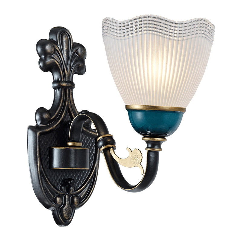Frendorf | 1/2-Head Scalloped Pleated Wandleuchte Traditionelle Schwarze Rippenglas Wandleuchte mit Kurvigen Arm