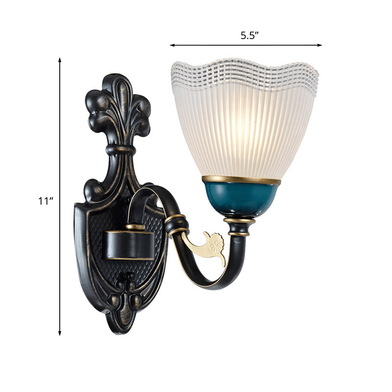 Frendorf | 1/2-Head Scalloped Pleated Wandleuchte Traditionelle Schwarze Rippenglas Wandleuchte mit Kurvigen Arm