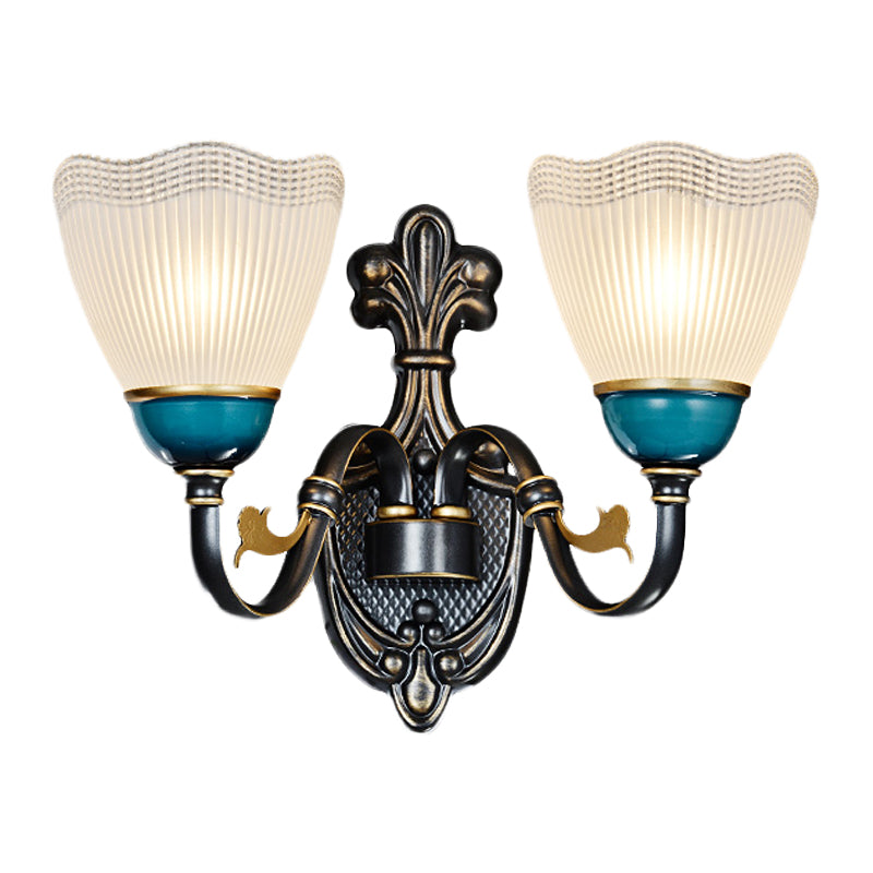 Frendorf | 1/2-Head Scalloped Pleated Wandleuchte Traditionelle Schwarze Rippenglas Wandleuchte mit Kurvigen Arm