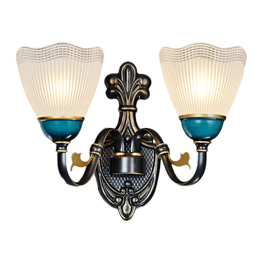 Frendorf | 1/2-Head Scalloped Pleated Wandleuchte Traditionelle Schwarze Rippenglas Wandleuchte mit Kurvigen Arm