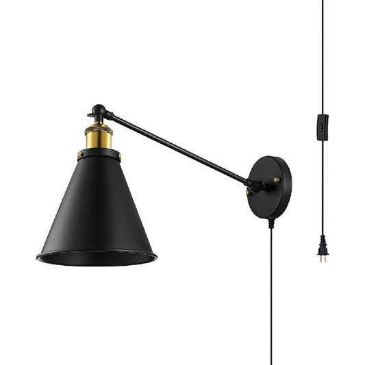 Frendorf | Rotatable Cone Metal Plug In Sconce Lampe mit Stecker-Kabel Industriestil 1 Kopf Schlafzimmer Wandlicht in Schwarz