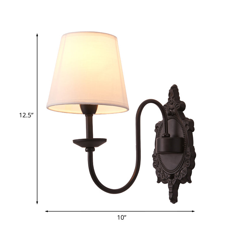 Frendorf | 1/2-Kopf Cone Shade Wandleuchte Land Weiß Stoff Wandmontierte Beleuchtung mit Schwarzem Wellenarm