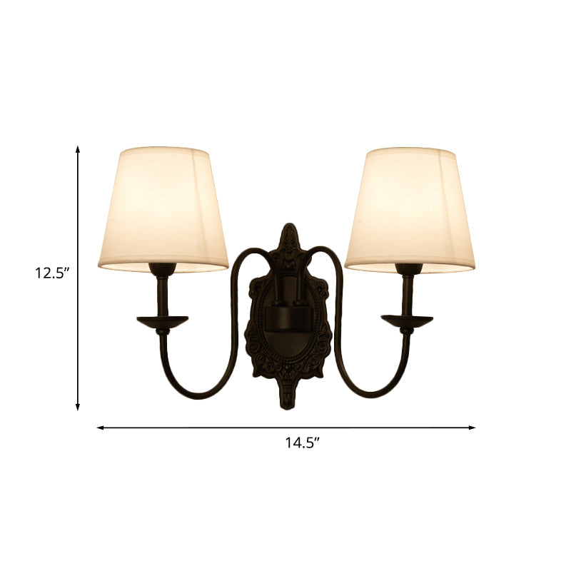 Frendorf | 1/2-Kopf Cone Shade Wandleuchte Land Weiß Stoff Wandmontierte Beleuchtung mit Schwarzem Wellenarm