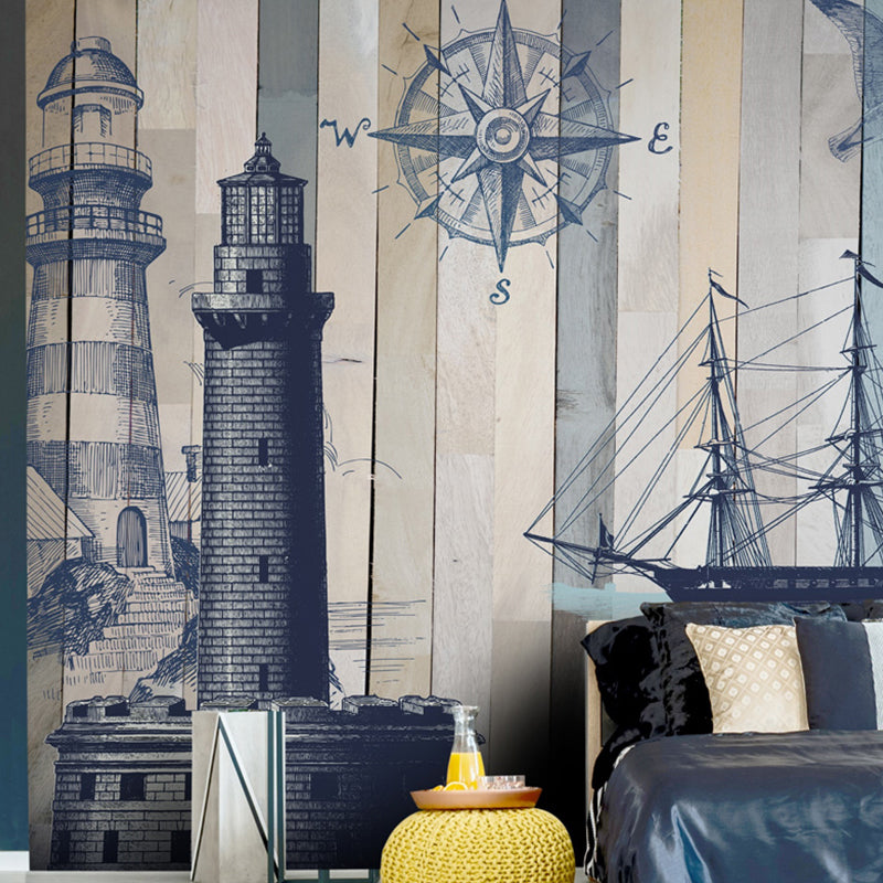 Extra Large Retro-Wandmural in Blau und Grau Leuchtturm und Segelboot Wandverkleidung, maßgeschneidert