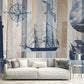 Extra Large Retro-Wandmural in Blau und Grau Leuchtturm und Segelboot Wandverkleidung, maßgeschneidert