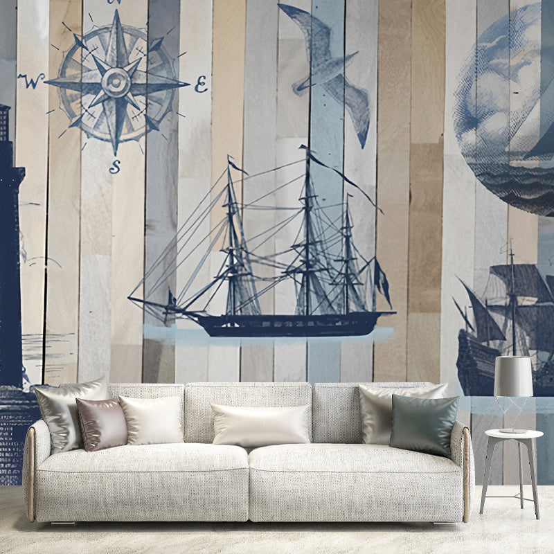 Extra Large Retro-Wandmural in Blau und Grau Leuchtturm und Segelboot Wandverkleidung, maßgeschneidert