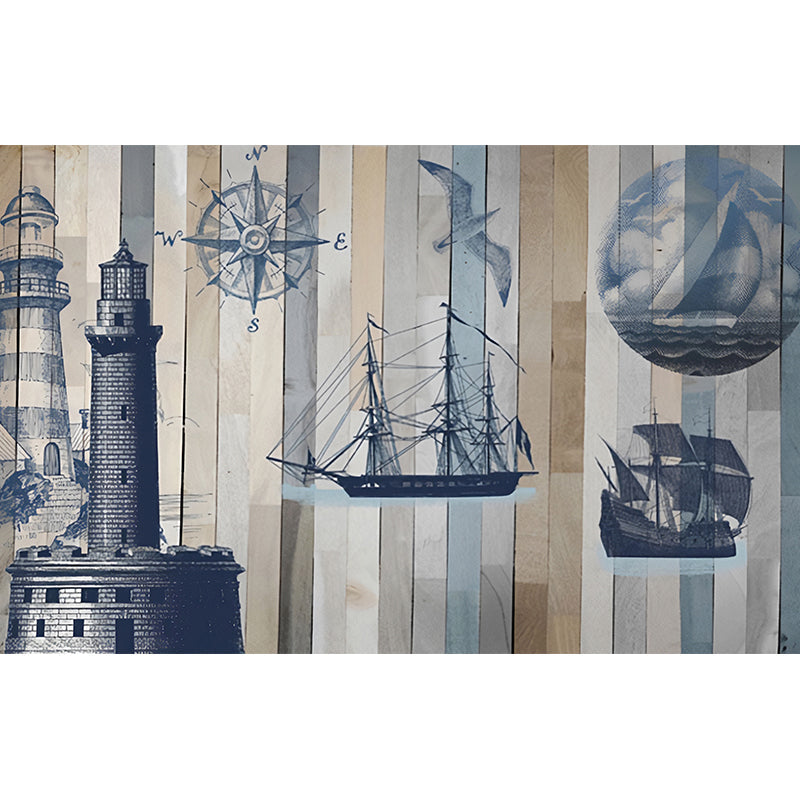 Extra Large Retro-Wandmural in Blau und Grau Leuchtturm und Segelboot Wandverkleidung, maßgeschneidert