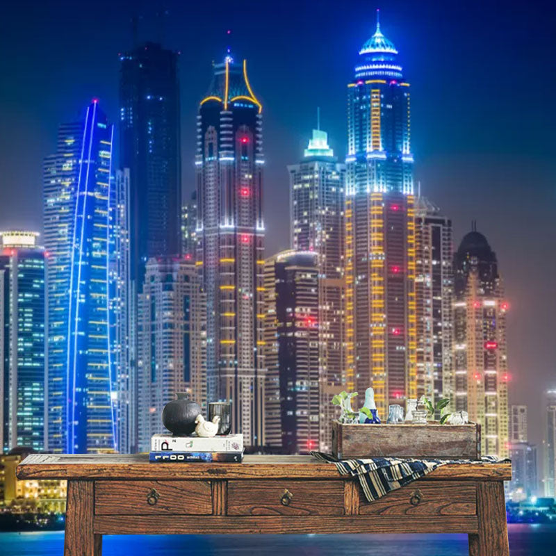 Frendorf | Big Night City Mural Wallpaper in Blau und Gelb Vliesstoff Wandverkleidung, maßgeschneidert