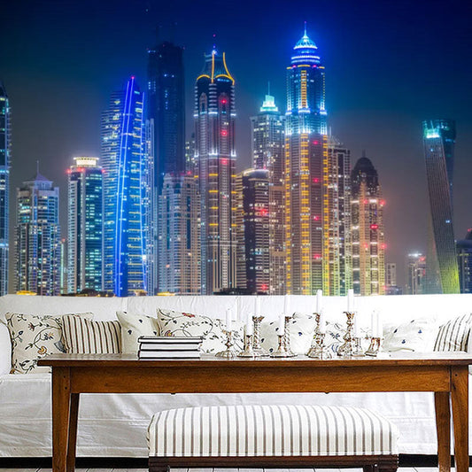 Frendorf | Big Night City Mural Wallpaper in Blau und Gelb Vliesstoff Wandverkleidung, maßgeschneidert