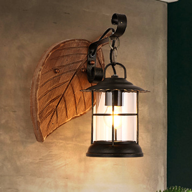Frendorf | Kerosene Eetkamer Wandverlichtingsarmatuur Geverfd Duidelijk Glas 1-Kops Bruine Wandlamp met Houten Blad/Sleutel Achterplaat