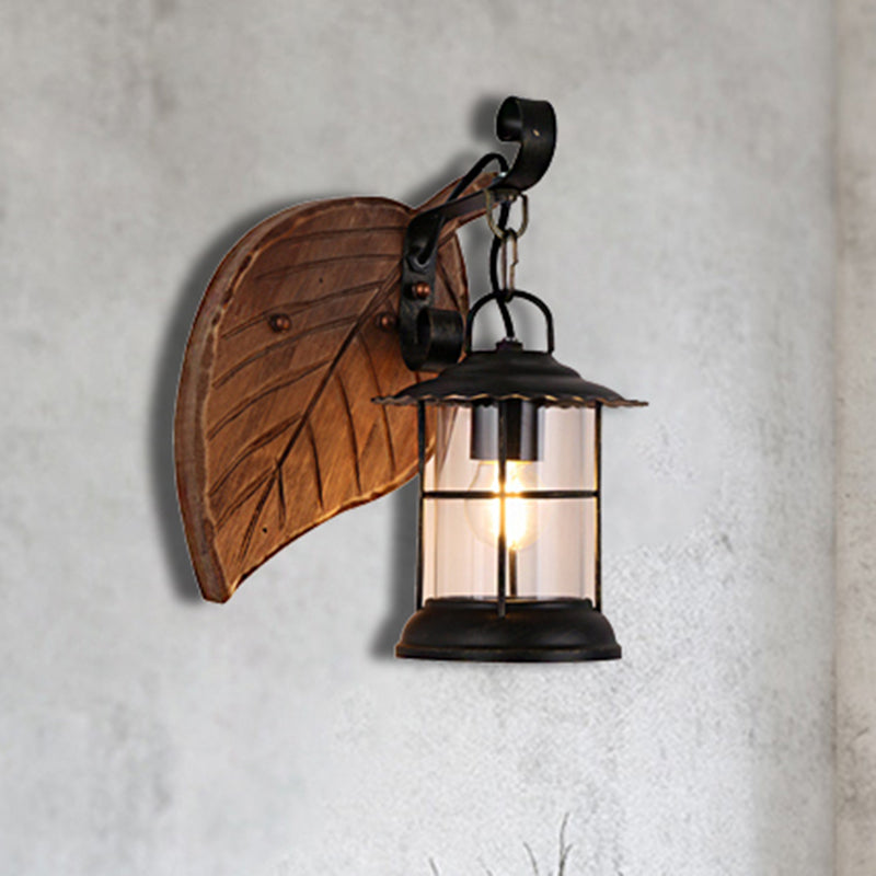 Frendorf | Kerosene Eetkamer Wandverlichtingsarmatuur Geverfd Duidelijk Glas 1-Kops Bruine Wandlamp met Houten Blad/Sleutel Achterplaat