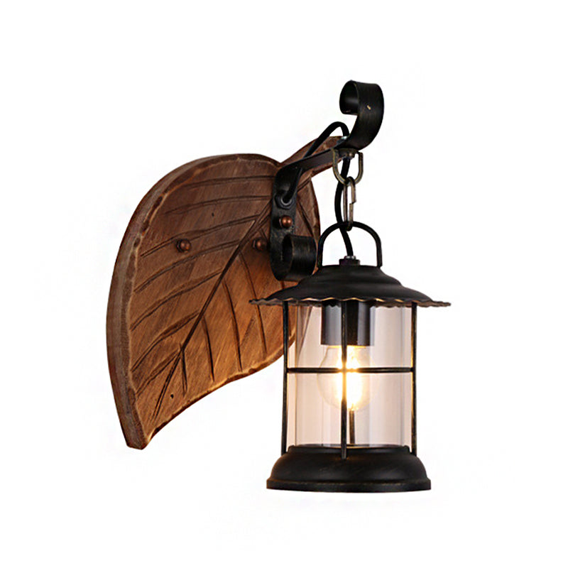 Frendorf | Kerosene Eetkamer Wandverlichtingsarmatuur Geverfd Duidelijk Glas 1-Kops Bruine Wandlamp met Houten Blad/Sleutel Achterplaat