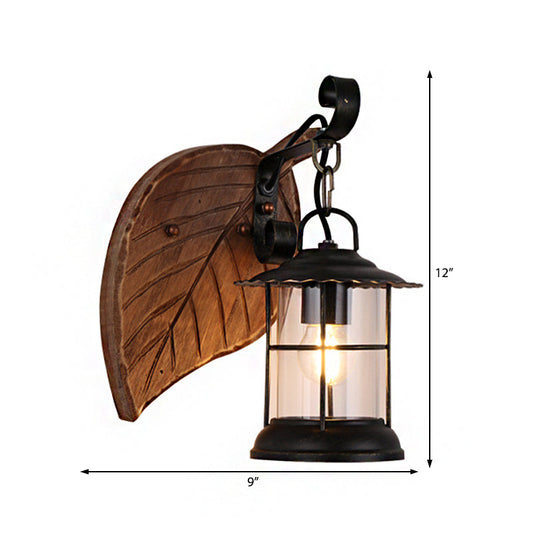 Frendorf | Kerosene Eetkamer Wandverlichtingsarmatuur Geverfd Duidelijk Glas 1-Kops Bruine Wandlamp met Houten Blad/Sleutel Achterplaat