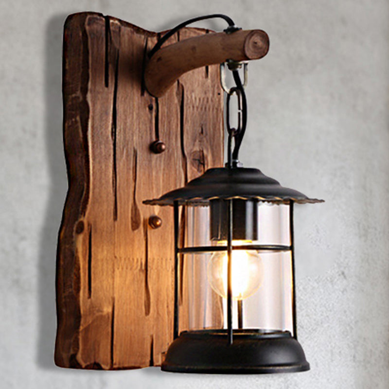 Frendorf | Kerosene Eetkamer Wandverlichtingsarmatuur Geverfd Duidelijk Glas 1-Kops Bruine Wandlamp met Houten Blad/Sleutel Achterplaat
