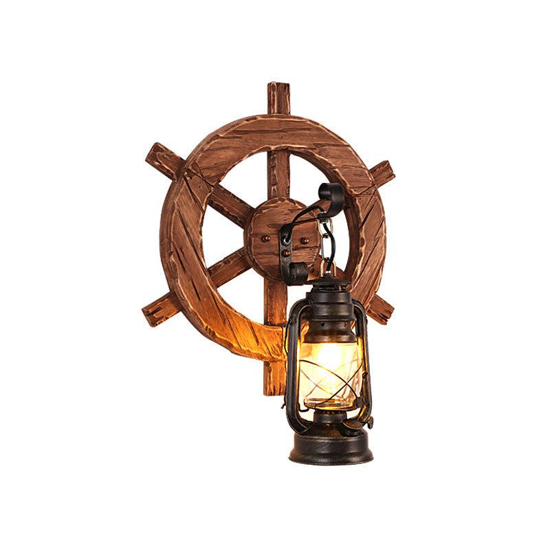 Frendorf | Kerosene Eetkamer Wandverlichtingsarmatuur Geverfd Duidelijk Glas 1-Kops Bruine Wandlamp met Houten Blad/Sleutel Achterplaat
