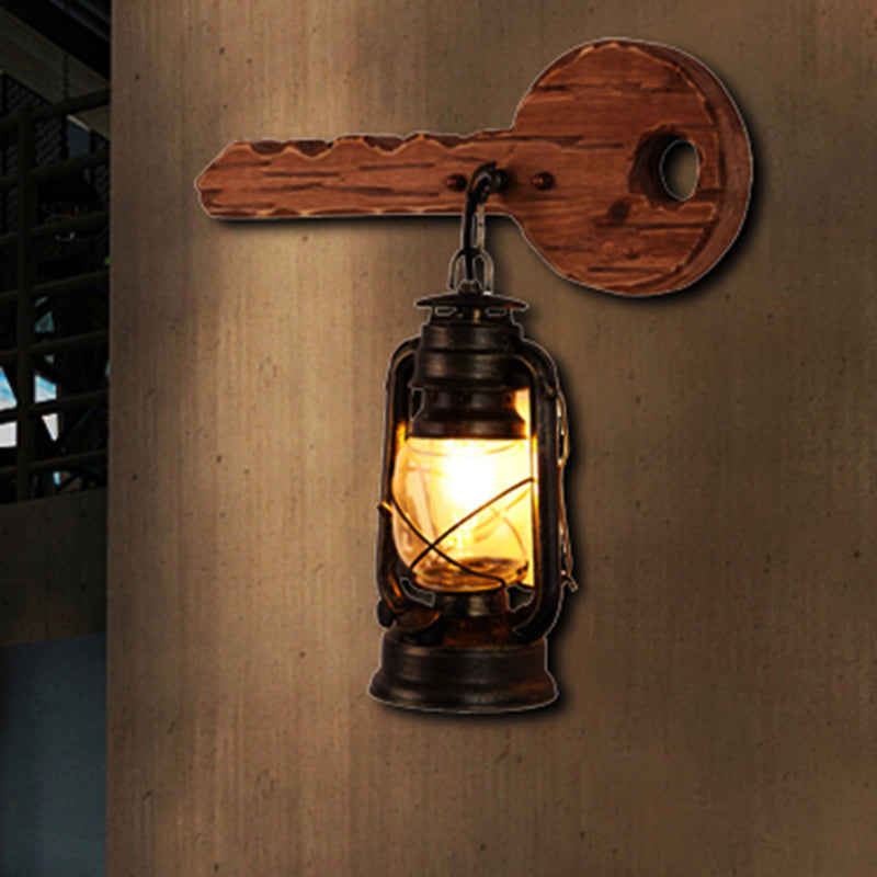 Frendorf | Kerosene Eetkamer Wandverlichtingsarmatuur Geverfd Duidelijk Glas 1-Kops Bruine Wandlamp met Houten Blad/Sleutel Achterplaat