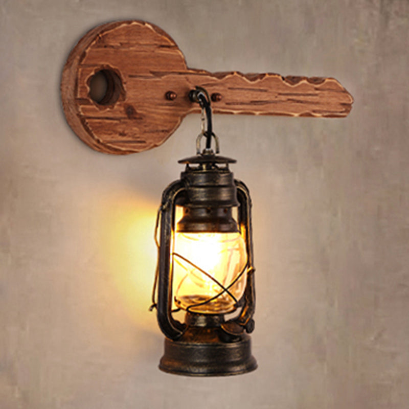 Frendorf | Kerosene Eetkamer Wandverlichtingsarmatuur Geverfd Duidelijk Glas 1-Kops Bruine Wandlamp met Houten Blad/Sleutel Achterplaat