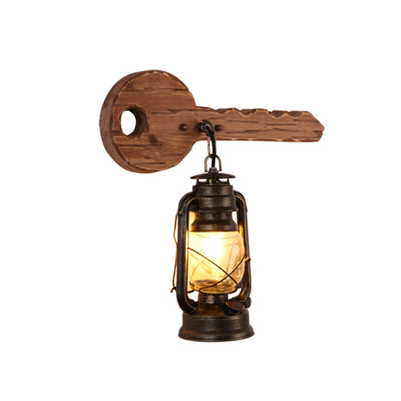 Frendorf | Kerosene Eetkamer Wandverlichtingsarmatuur Geverfd Duidelijk Glas 1-Kops Bruine Wandlamp met Houten Blad/Sleutel Achterplaat
