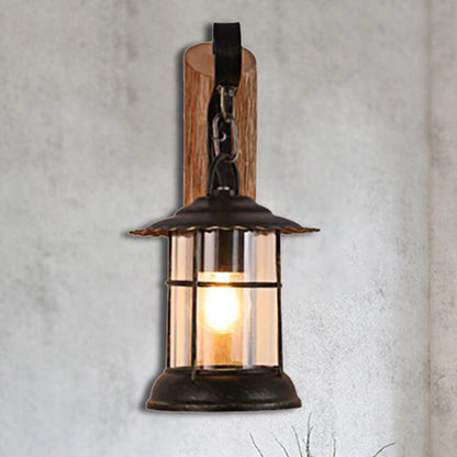 Frendorf | Kerosene Eetkamer Wandverlichtingsarmatuur Geverfd Duidelijk Glas 1-Kops Bruine Wandlamp met Houten Blad/Sleutel Achterplaat