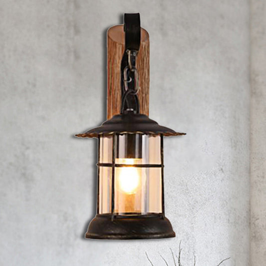 Frendorf | Kerosene Eetkamer Wandverlichtingsarmatuur Geverfd Duidelijk Glas 1-Kops Bruine Wandlamp met Houten Blad/Sleutel Achterplaat