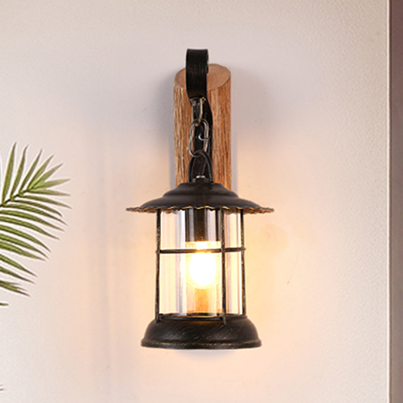 Frendorf | Kerosene Eetkamer Wandverlichtingsarmatuur Geverfd Duidelijk Glas 1-Kops Bruine Wandlamp met Houten Blad/Sleutel Achterplaat
