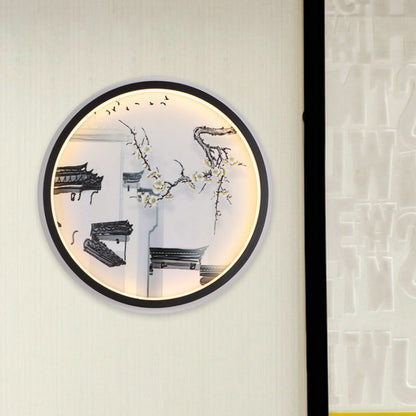 Frendorf | Zwart-Wit Ancient Houses Muurschildering Licht Chinese LED Stof Wandlamp Sconces voor Zithoek