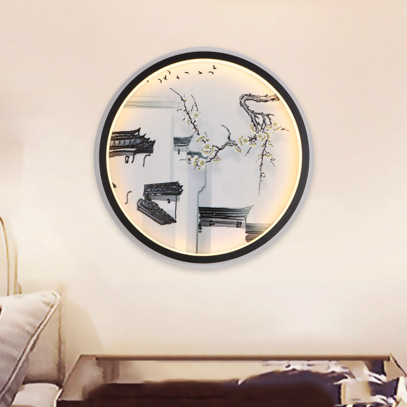 Frendorf | Zwart-Wit Ancient Houses Muurschildering Licht Chinese LED Stof Wandlamp Sconces voor Zithoek