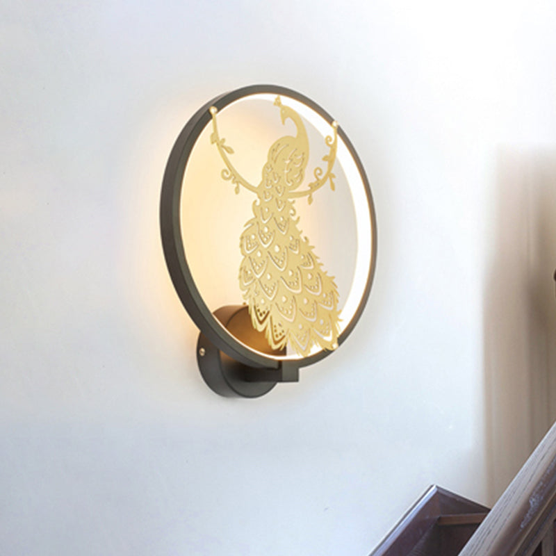Frendorf | Contemporary Peacock Mural Wandlicht Aluminium Wohnzimmer LED Hoop Wandleuchte in Schwarz und Gold
