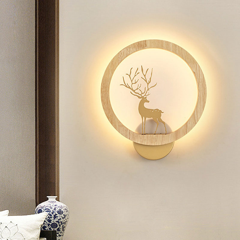 Frendorf | Houten Halo Ring Muurverlichting Hedendaags Zwart/Beige LED Wandlamp met Sika Hert Silhouet