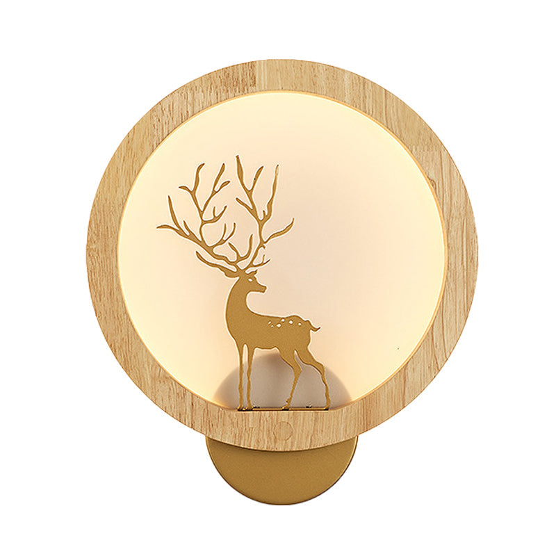 Frendorf | Houten Halo Ring Muurverlichting Hedendaags Zwart/Beige LED Wandlamp met Sika Hert Silhouet